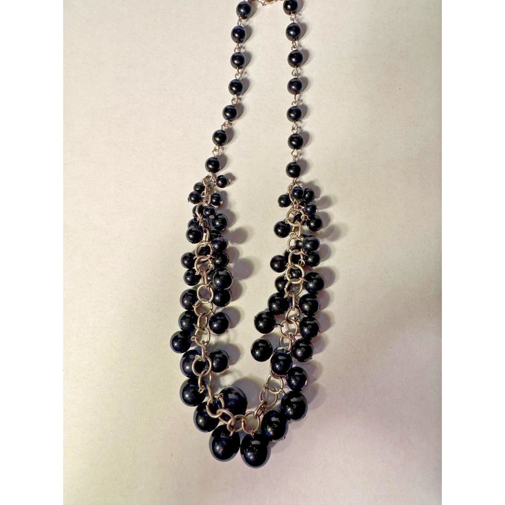 Black Cluster Bead Statement Necklace Silver‎ Tone Chunky Bib 18 Inch